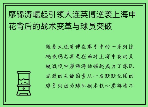 廖锦涛崛起引领大连英博逆袭上海申花背后的战术变革与球员突破