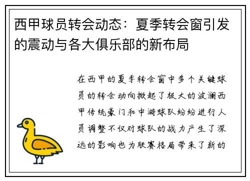 西甲球员转会动态：夏季转会窗引发的震动与各大俱乐部的新布局