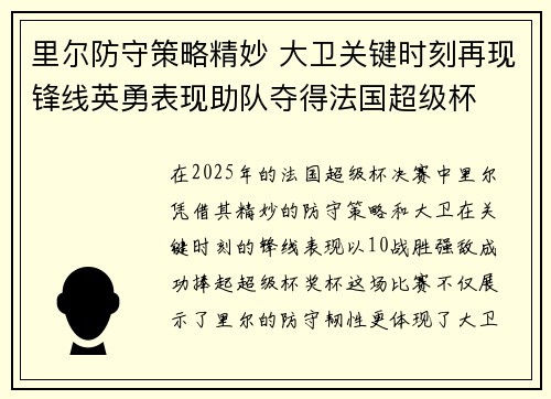 里尔防守策略精妙 大卫关键时刻再现锋线英勇表现助队夺得法国超级杯